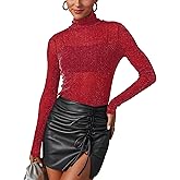 AISEW Womens Mesh Sheer Long Sleeve Glitter Tops Sexy See Through Sparkly Shirts Turtleneck Layering Top Shirt