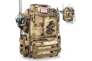 FunVZU Fishing Backpack, Fishing Tackle Backpack with Rod Holders for 4 Boxes (Box Not Included) 45L Waterproof Fishing Gear, Ideal for Men and Women Large Tackle Box Bag (Sahara Khaki Camo)