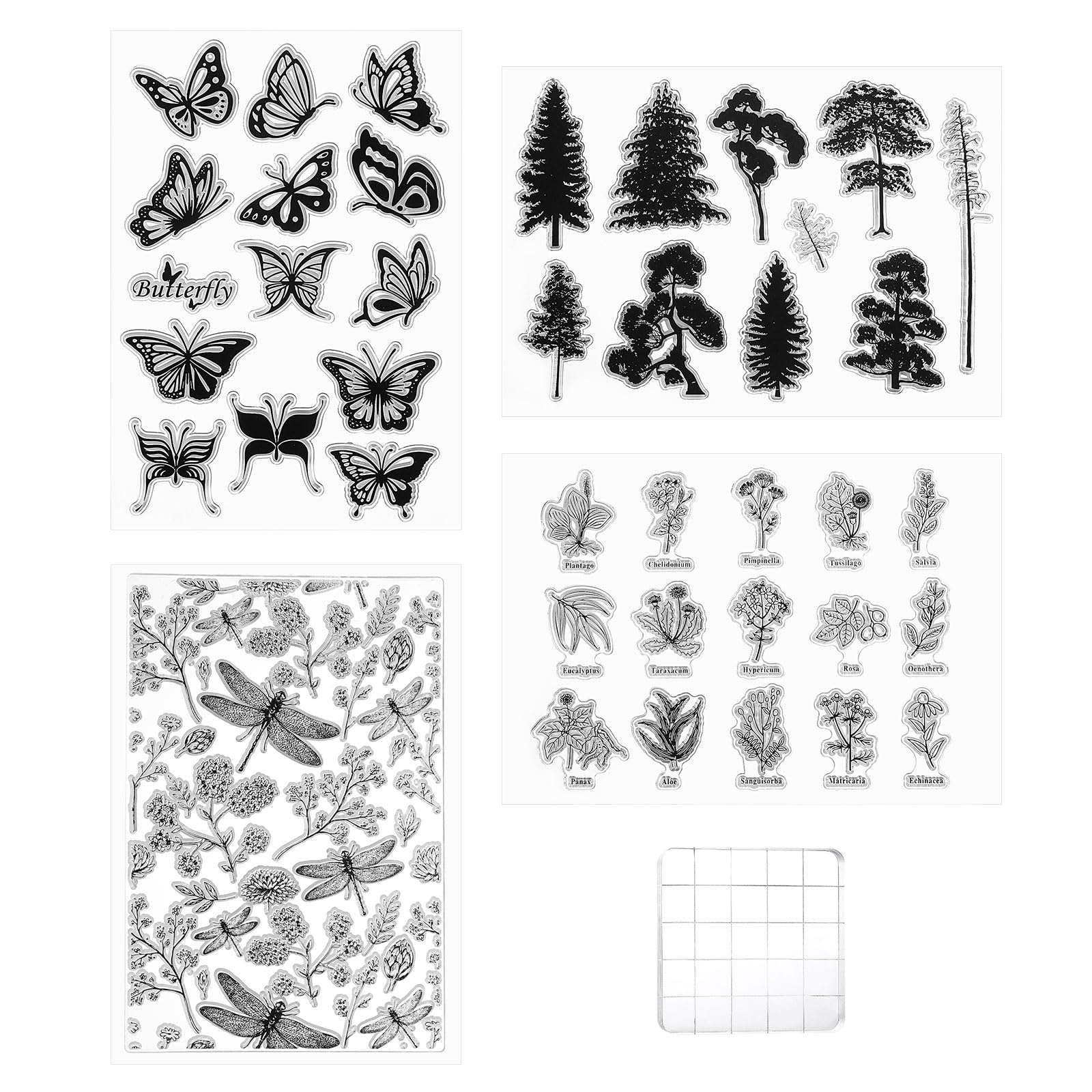 PATIKIL Silicone Stamps and Acrylic Stamp Blocks Tool, 5Pcs Plants Clear Stamp with Grid Lines for Card Making Scrapbooking DIY Decoration