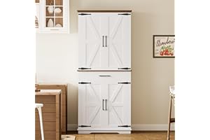 IRONCK Farmhouse Kitchen Pantry Cabinet, Tall Storage Cabinet with 6 Hanging Shelves and Adjustable Shelves, Freestanding Cupboard with Barn Doors for Kitchen, Dining Room， White/Walnut