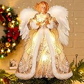 [Timer & Angel] 12 Inch Lighted Christmas Angel Tree Topper with Lights, Luxury Sliver Fabric Small Angel Tree Topper with Wings 10 Warm White LEDs Battery Operated for Home Christmas Tree Decoration