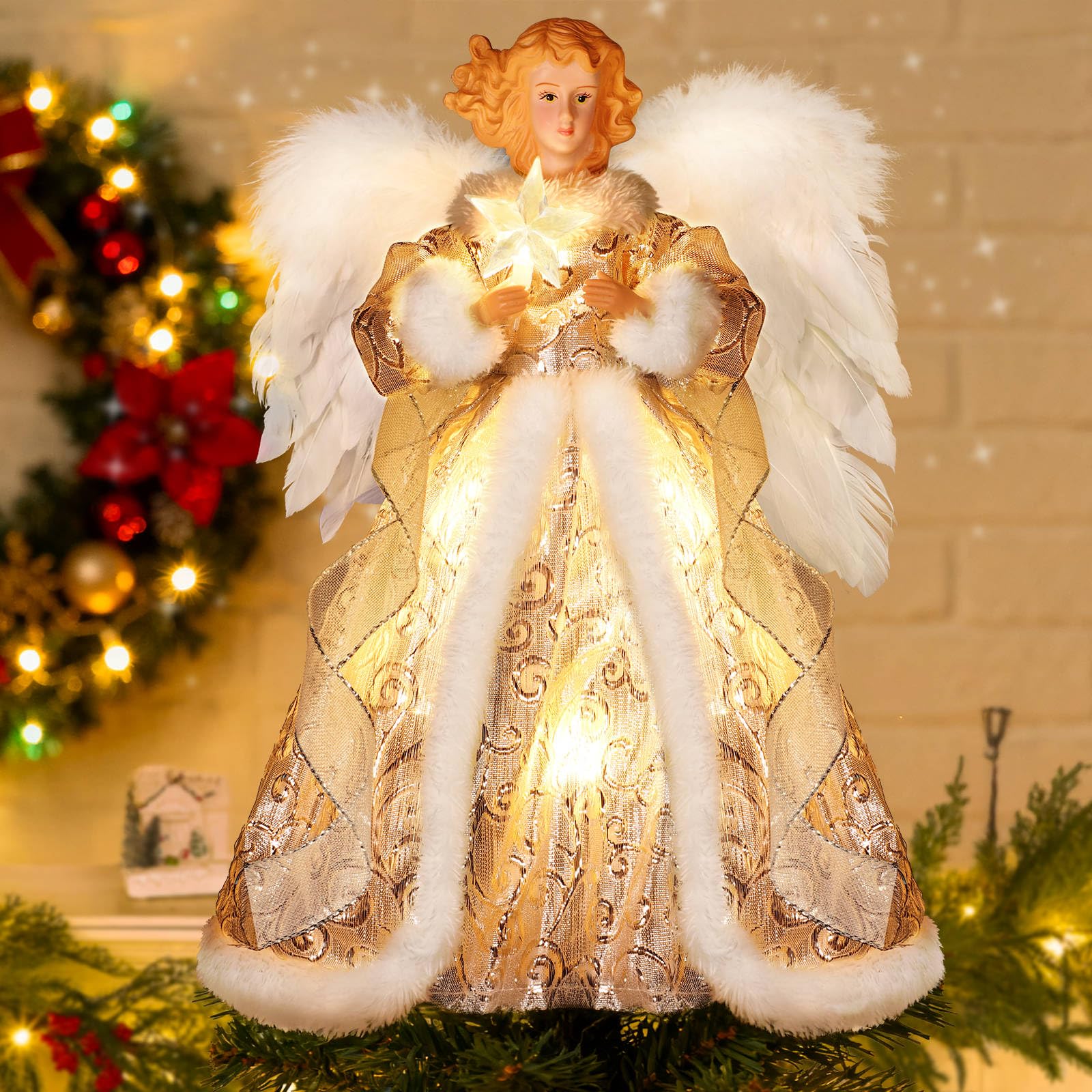 Photo 1 of [Timer & Angel] 12 Inch Lighted Christmas Angel Tree Topper with Lights, Luxury Sliver Fabric Small Angel Tree Topper with Wings 10 Warm White LEDs Battery Operated for Home Christmas Tree Decoration