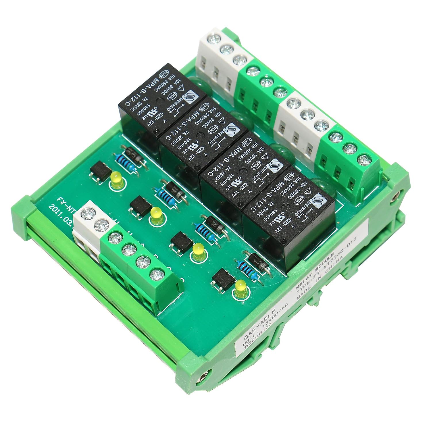 GAEYAELE 4 Channel Relay Module 1 SPDT DIN Rail Mount 12V DC/AC Interface Relay Module(FY-T734-12VACDC)
