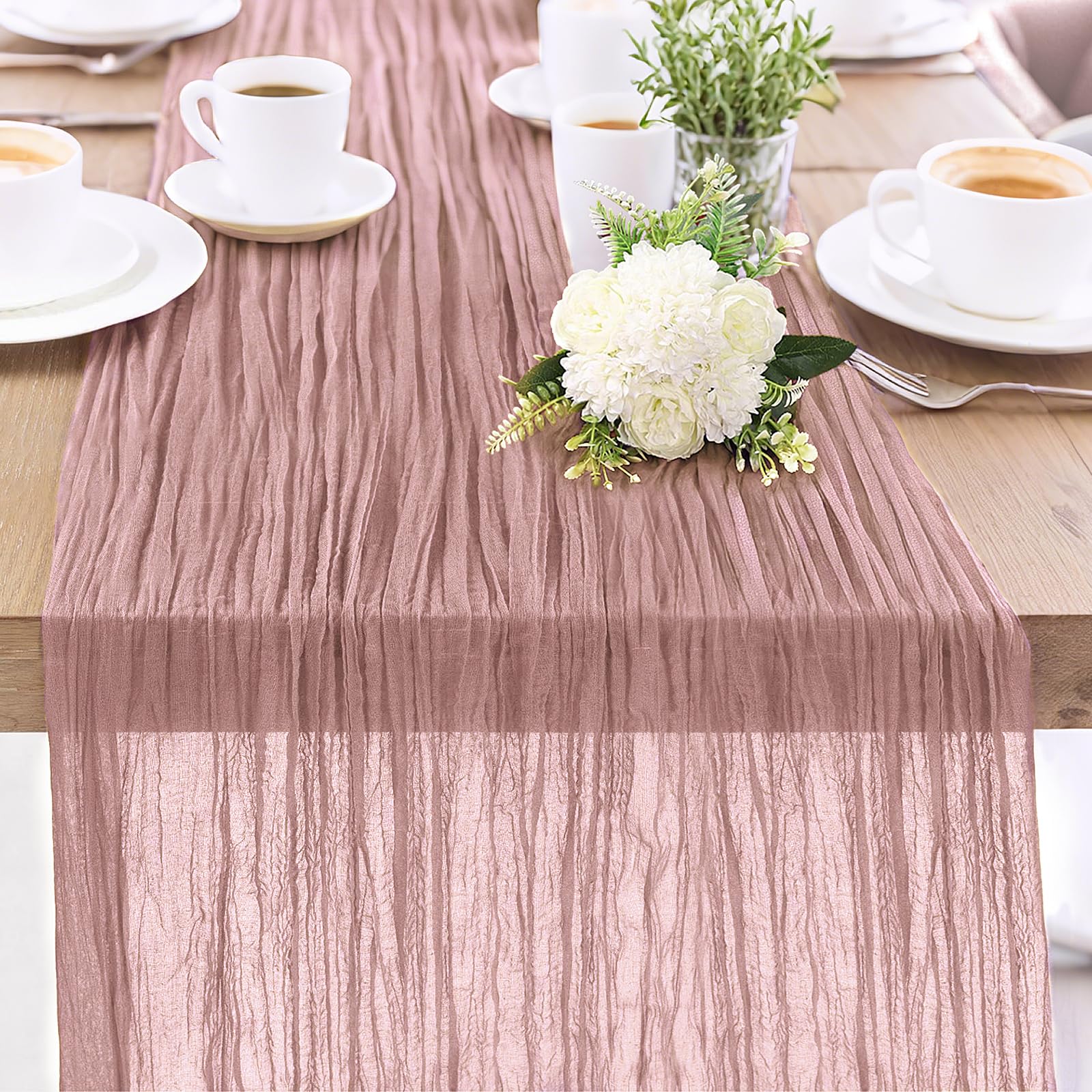 Photo 1 of 1-Pack Dusty Pink Cheesecloth Table Runners – 10FT (35x120 Inch) Boho Rustic Gauze Fabric Cheese Cloth Table Runner for Weddings, Baby Showers, Bridal Shower, Farmhouse & Birthday Party Decor
