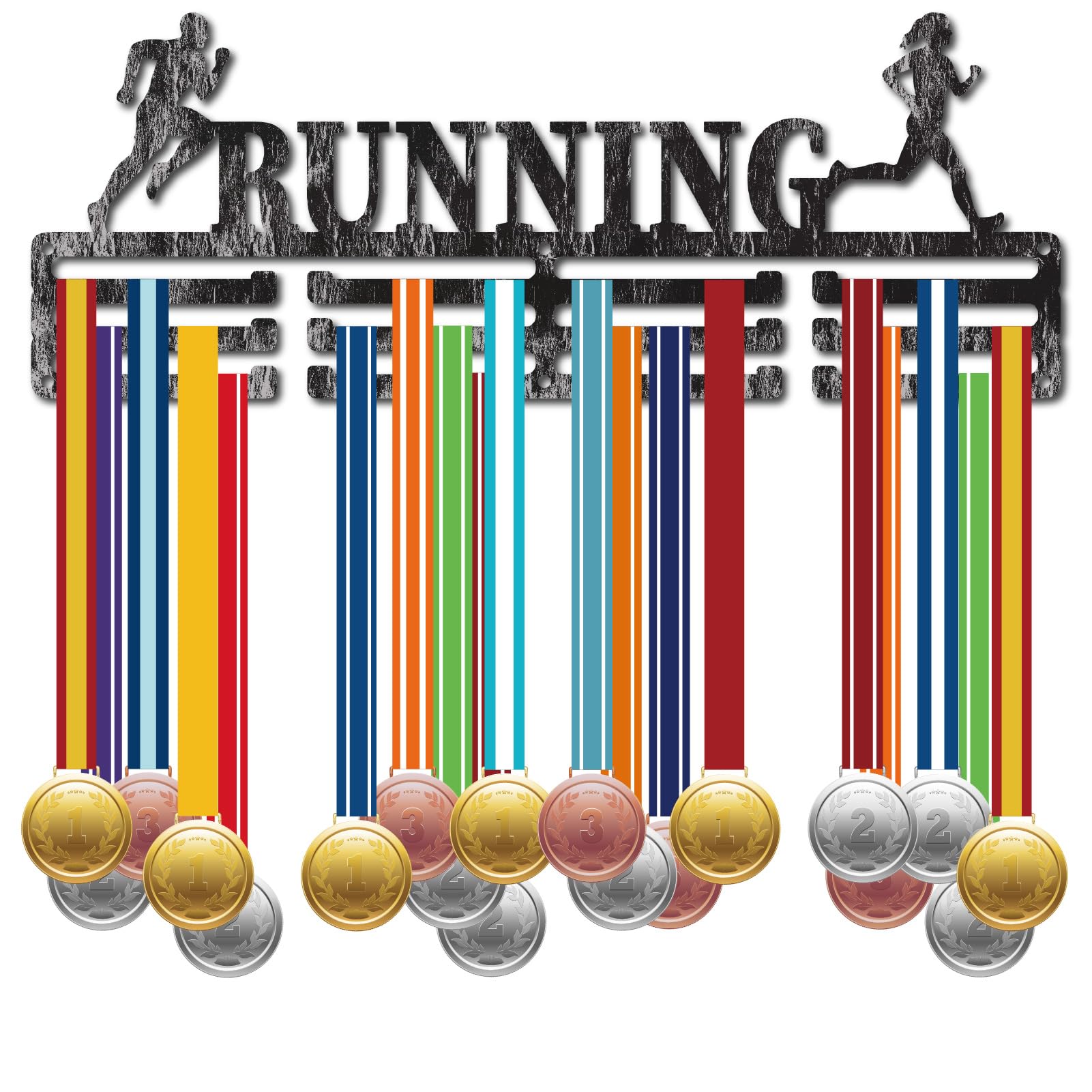 CREATCABIN Running Medals Hanger Display Medals Holder Rack Antique Silver Metal Shelf Hanger Organizer Medal Stand Frame Wall Mounted with 3-Line Hanging for Over 40 Medals Award Ribbon 15.7x6Inch