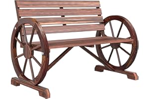 Outsunny 41" Wooden Wagon Wheel Bench, Rustic Outdoor Patio Weather Resistance Furniture, 2-Person Slatted Seat Bench with Backrest, Carbonized