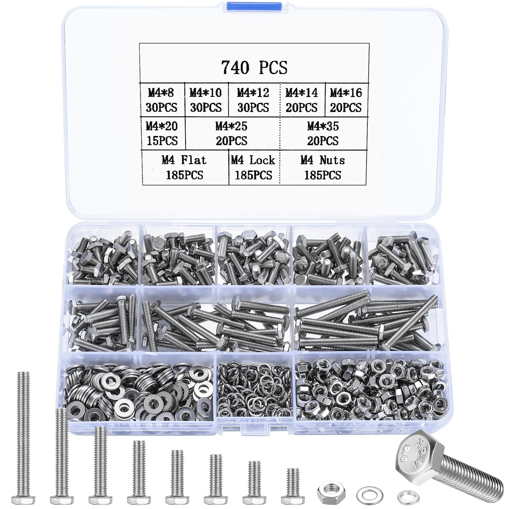 740 Pcs M4 Bolts and Set, M4 Hex Bolts Sets, Metric Assorted Nuts and Screws Assortment, Hexagon Machine Screws and Nuts and Flat Washers & Lock Washers