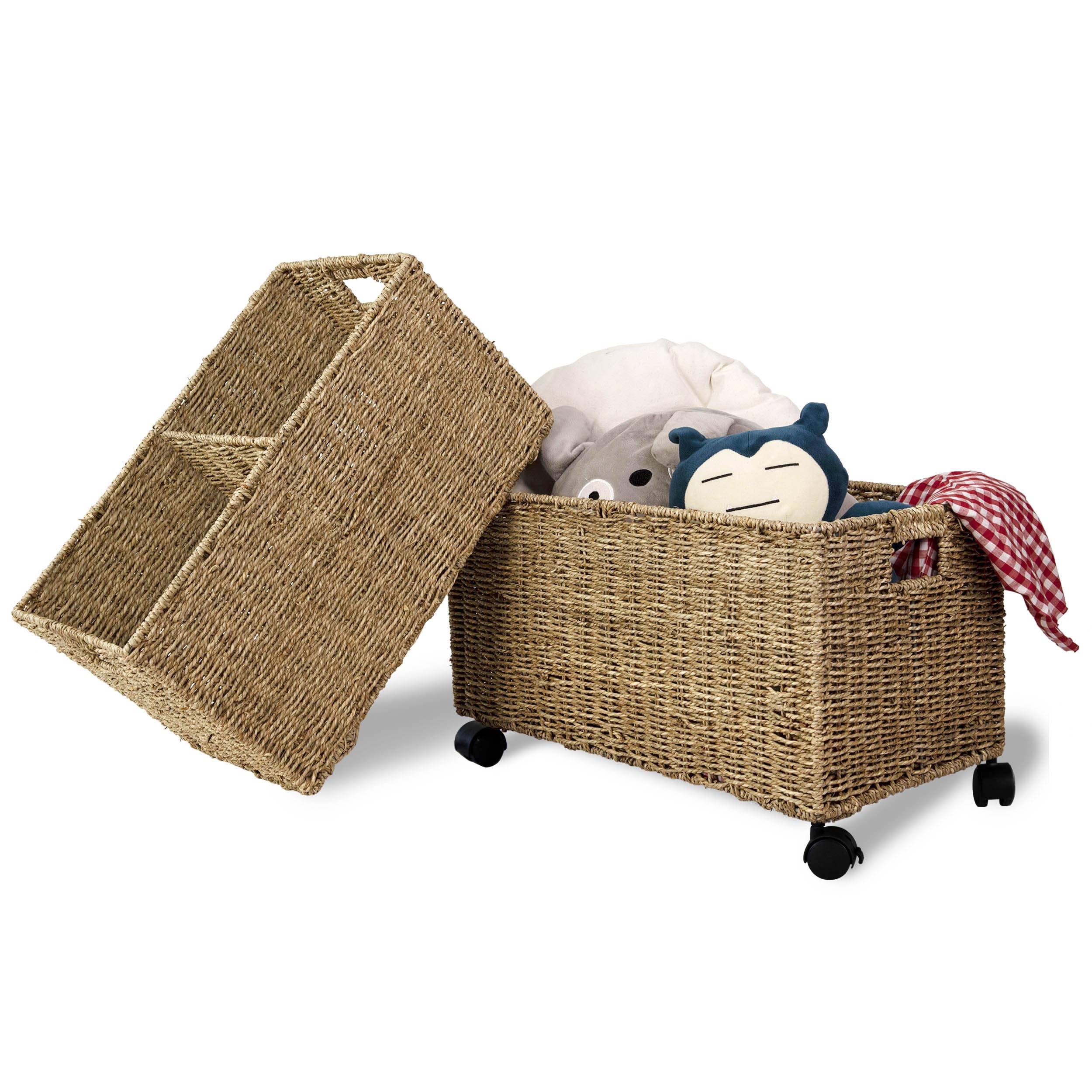 Photo 1 of PEMAR Set 2 Nesting Natural Wicker Rolling Storage Baskets on Wheels w Insert Handles, Under Table Under Desk Woven Storage Bins, Mobile File Cabinet Organiser (Seagrass, Sizes M, L Nesting)