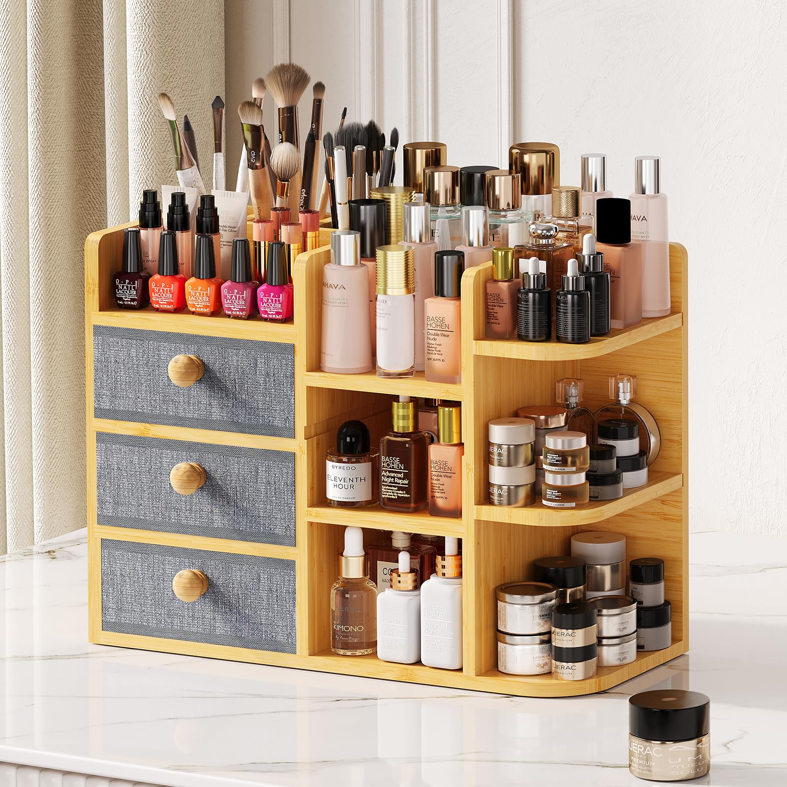 Large Makeup Organizer For Vanity, Large Capacity 3 Tiers Bamboo Bathroom Counter Organizers and Storage, Countertop Makeup Brush Holder, Nail Polish Perfume Stand with 3 Drawers and 10 Compartments Image