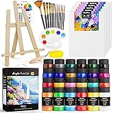 Nicpro Acrylic Paint Canvas Set for Adults, 46PCS Art Painting Supplies Kit with 24 Acrylic Paints(36ML), Table Wood Easel, 5 Canvas Panels, 12 Brushes, Paper Pad, Palette for Artist Beginner Students