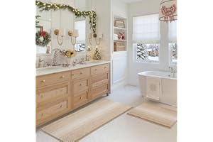 BSICPRO Bathroom Rugs and Mats Sets, 2 Piece Thick Absorbent Chenille Bath Mat Rug Set Non Slip, Soft Shaggy Bath Floor Mats for Bathroom, Machine Washable (20" x 47" Plus 16" x 24", Beige)