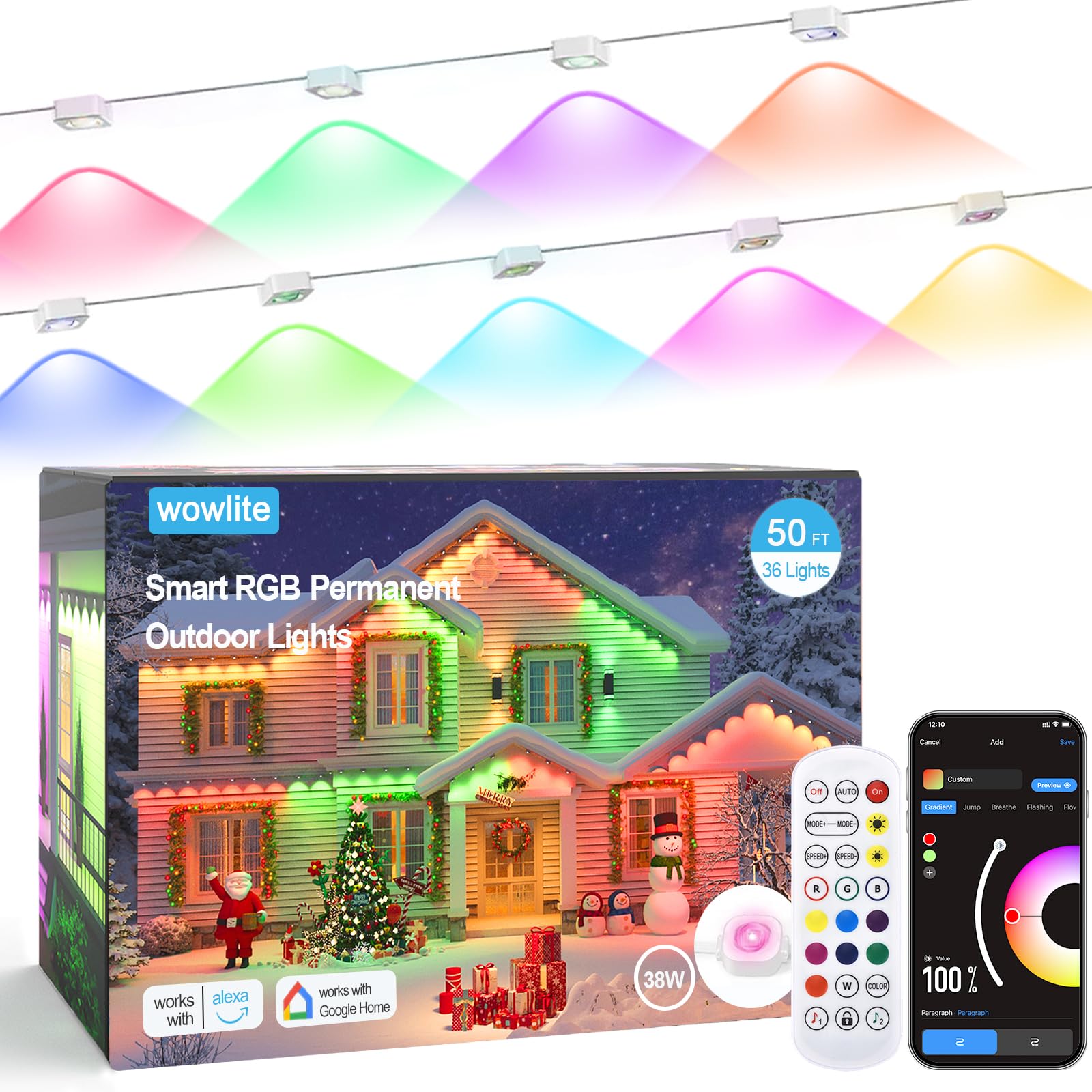 Photo 1 of wowlite Permanent Outdoor Lights 50FT, RGBIC Smart Eave Lights with 36 LEDs, IP67 Waterproof, 110+ Scene Modes for House, Daily & Holiday Decorations, Christmas, Compatible with Alexa & Google