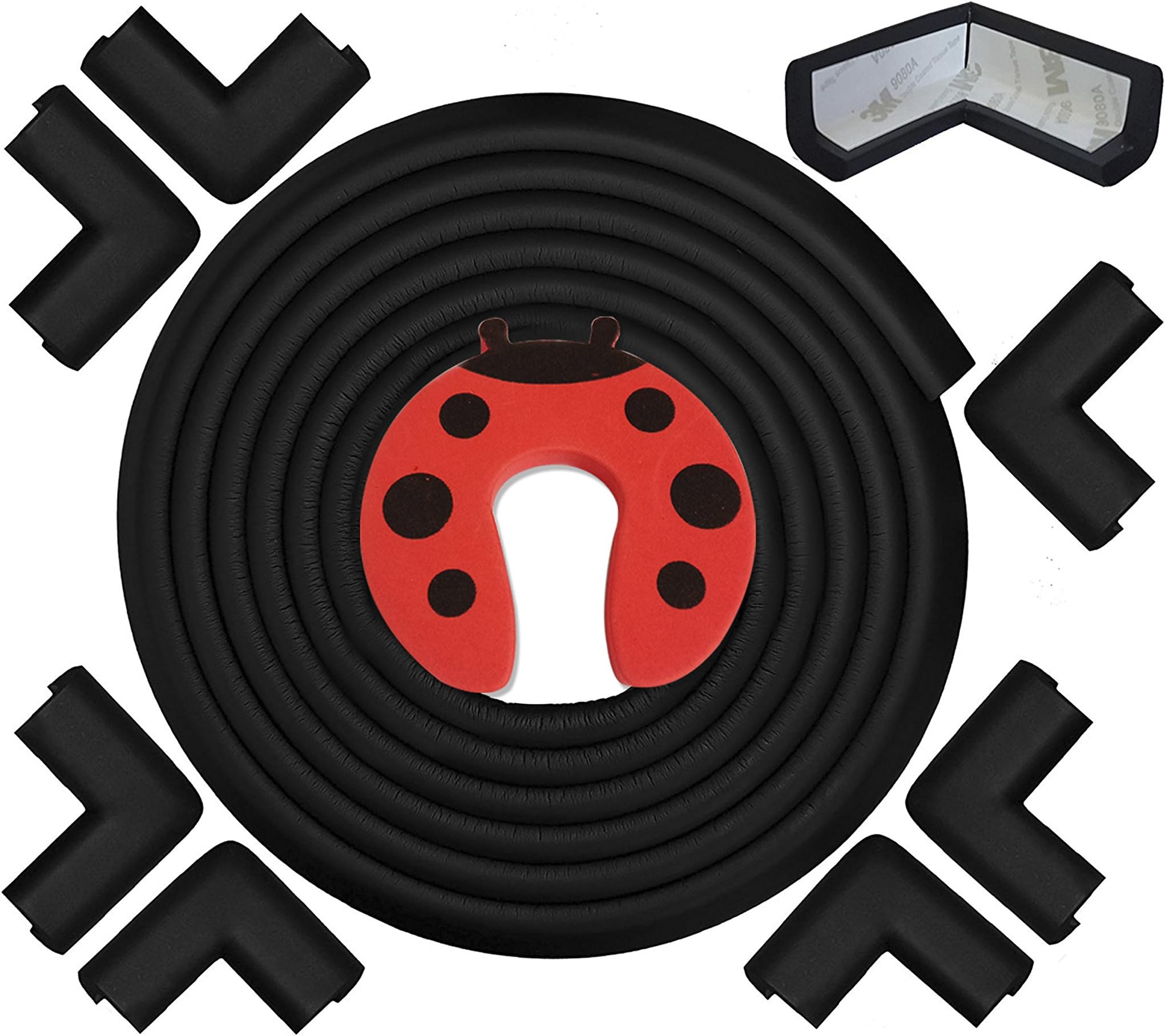 Zaiyu Edge and Corner Guards Kit – Protect Your Baby Or Young Kids – 6.3m/20.4ft Soft Rubber Bumpers and 8 Corner Protectors – with Door Stopper – Pre-Taped with The Latest Strong 3M™ Adhesive - Black