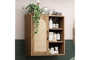 USTOWN Boho Rattan Wall Cabinet, Midcentury Bathroom Cabinet with Sliding Door, Adjustable Shelves, Over The Toilet Storage C