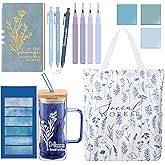 Reallnaive 15 Pcs Social Worker Appreciation Gifts 16 oz Glass Cup Canvas Bag Notebook Ballpoint Pen Sticky Note Thank You Gifts for Women Coworker Bsw Msw Dsw Lcsw Volunteer Office Supplies(Blue)