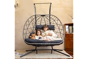 SWITTE Double Egg Swing Chair with Stand, 2 Person Wicker Hanging Chair with Stand, Outdoor Indoor Oversized Hammock Chair with Cushion for Patio Bedroom Porch Backyard, 550LBS Capacity-Dark Grey