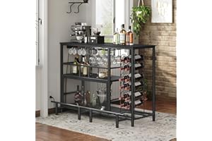 MAHANCRIS Home Bar Unit, 44.9" L Bar Table with Power Outlet, Mini Bar with Wine Rack and LED Lights, Bar Cabinet for Liquor and Glasses, Kitchen, Pub, Black BTHB124E01