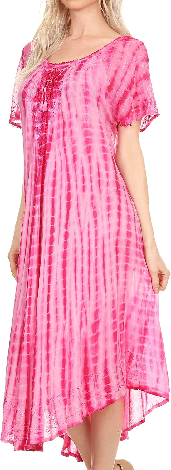 Sakkas 17601 - Yasmin Tie Dye Embroidered Sheer Cap Sleeve Sundress, Fucshia - Image 5