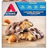 Atkins Caramel Chocolate Nut Roll Snack Bar, Protein Snack, High in Fiber, 2g Sugar, 5 Count