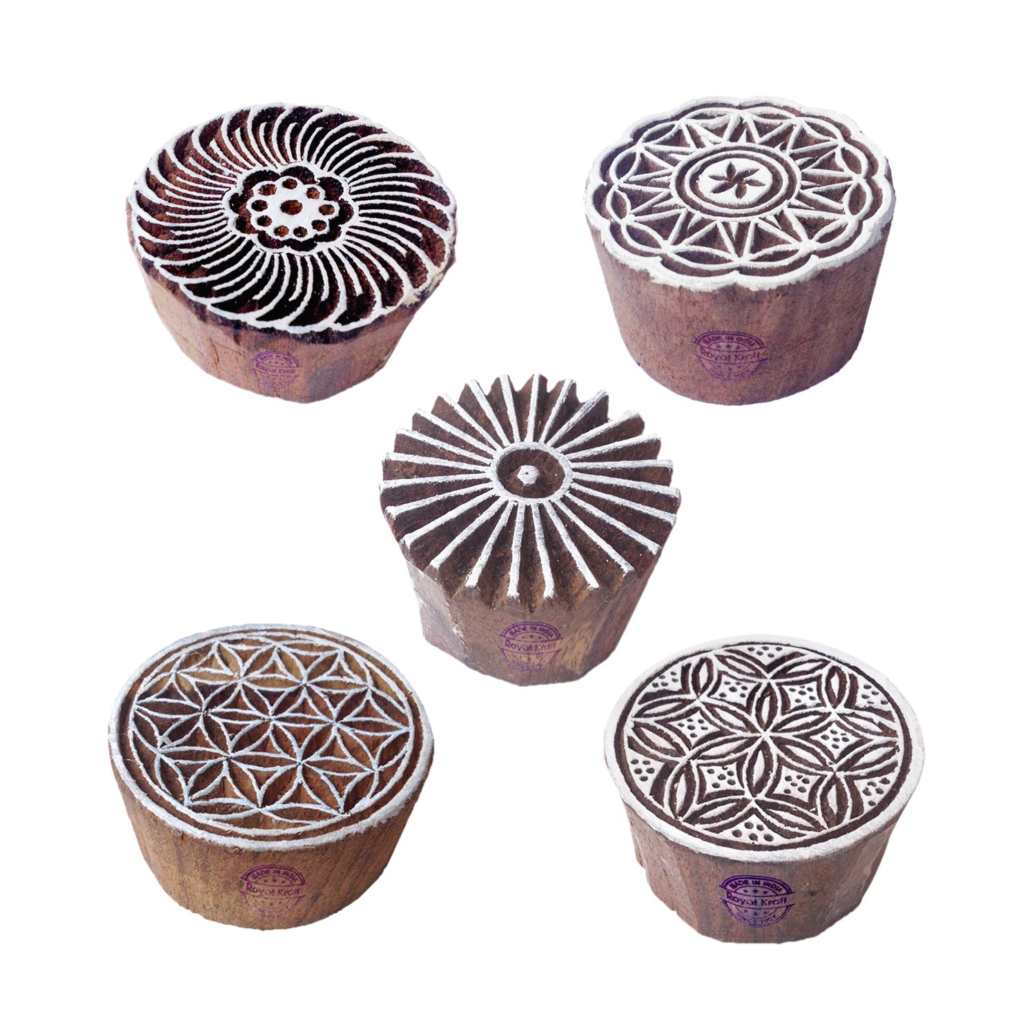 Indian Motif Swirl and Round Wood Stamps for Printing (Set of 5)