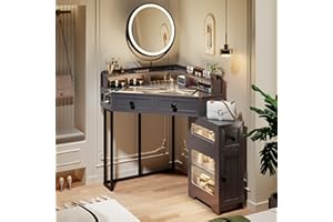 FREDEES Corner Vanity with Mirror and Lights,Modern Makeup Vanity Set with Power Outlet,Large Storage Dressing Table with Drawers and Shelves for Women/Girls,Grey