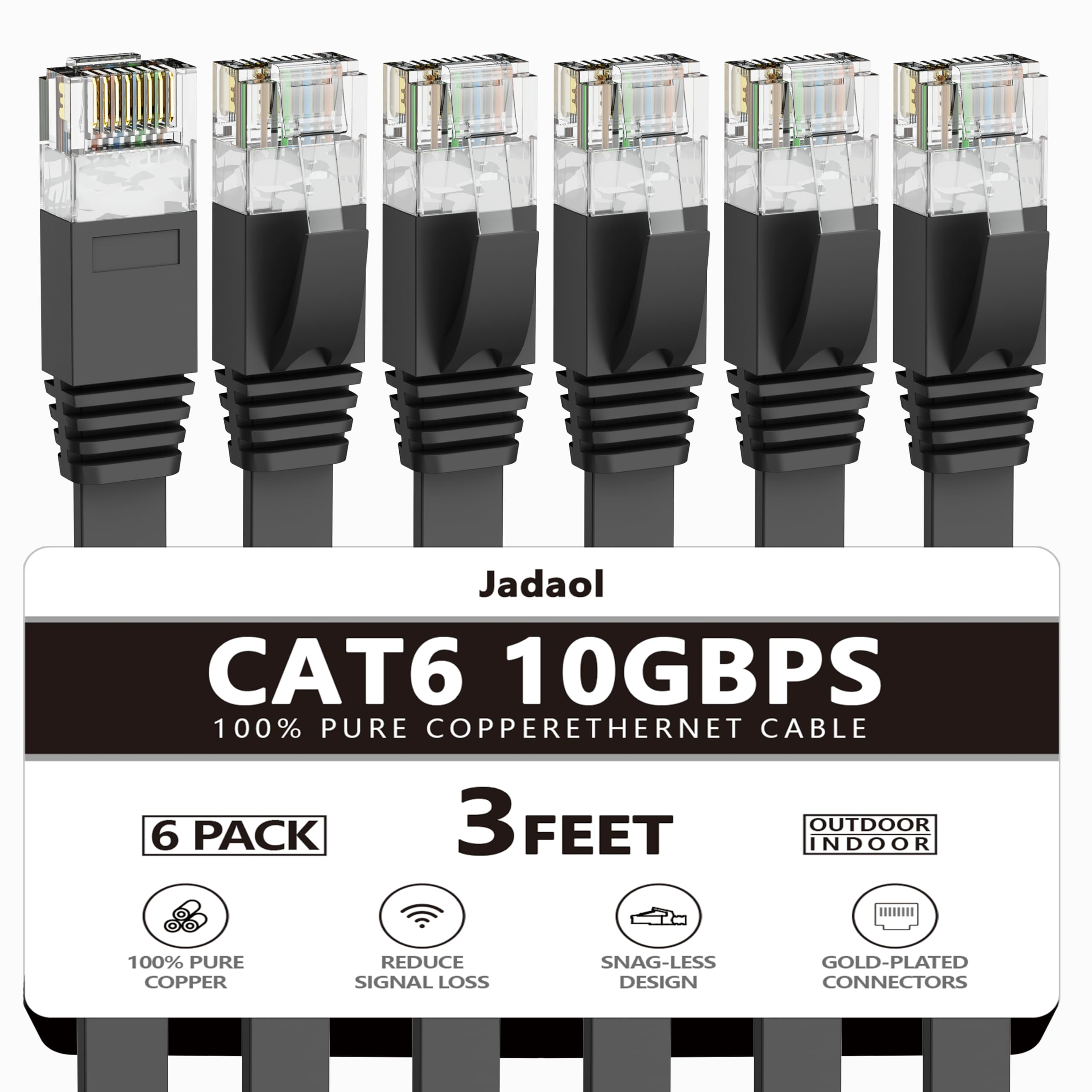 Photo 1 of Jadaol Cat 6 Ethernet Cable 3 ft 6Pack, Outdoor & Indoor, Flat High Speed 10Gbps Patch LAN Cord, Support Cat8/7 Network, Short Ethernet Cable for Router, Modem, Switch, PC, Laptop, Gaming Console, Black