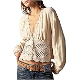 Floerns Women's Western Hollow Out Blouse Deep V Neck Button Up Long Sleeve Shirts