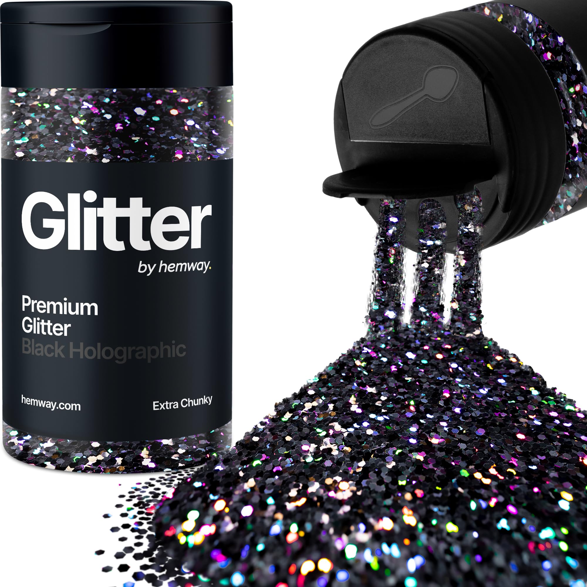 Holographic Black Glitter Shaker, 130g Extra Chunky Glitter, Crafts 1/24" Metallic Flake Black Sequins, Resin & Epoxy Crafts, Decorating, Halloween, Christmas Nail, Face, Hemway — image 1
