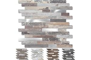 Yipscazo Peel and Stick Wood Metal Tile Backsplash, Stick on Tiles for Backsplash Kitchen, Bathroom, Laundry Room, Camper, Fireplace (12'' X 12'', 10 Sheets in Light Wood)