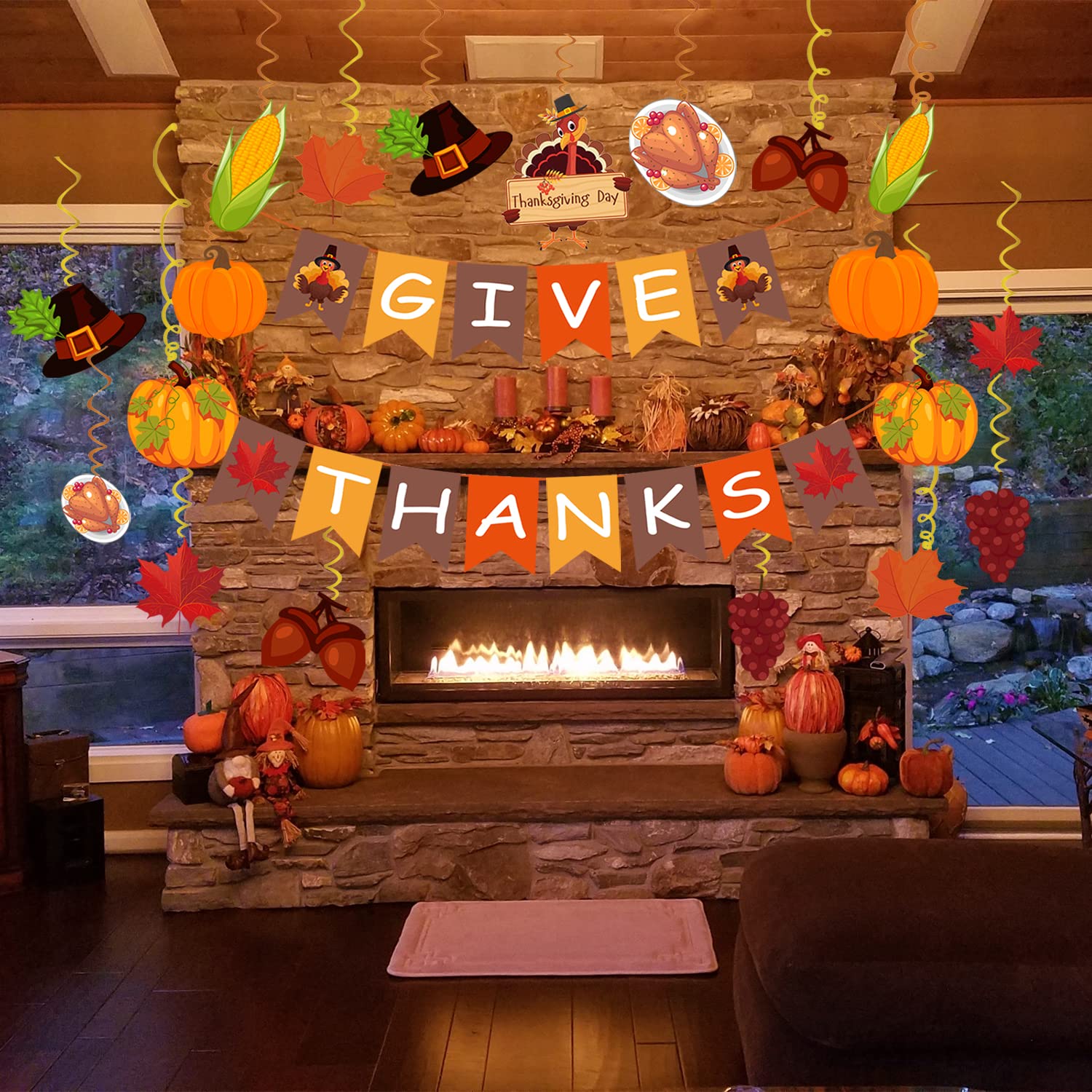 42Pcs Thanksgiving Decorations Pre-Assembled GIVE THANKS Banner Hanging Swirls for Indoor Home Party Office Classroom School Fall Decor