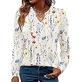 Rapbin Womens Long Sleeve Tops V Neck Dressy Casual T Shirts Trendy Pleated Tunic Shirts Loose Fit Basic Blouses