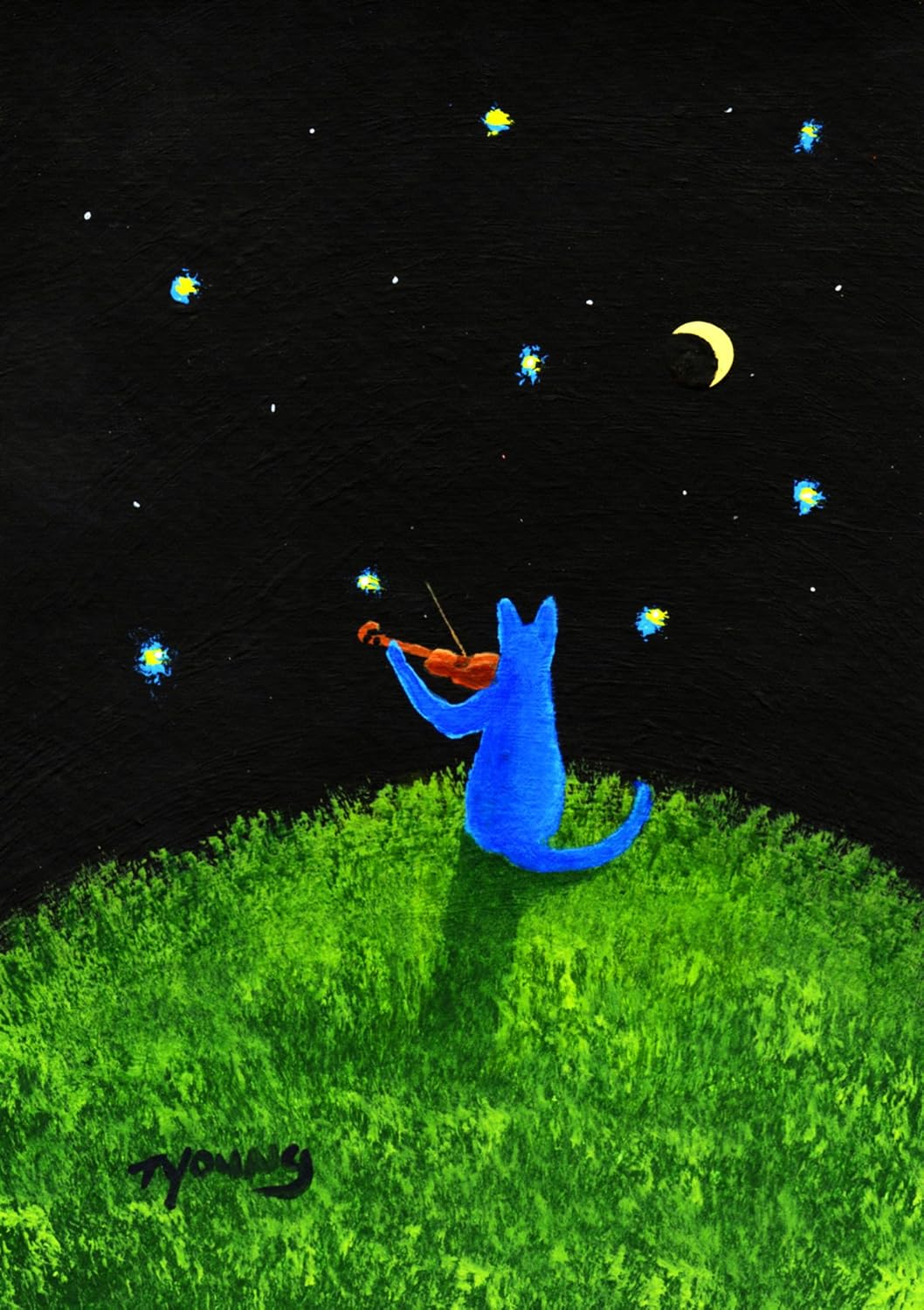 Russian Blue Cat Playing Violin Folk Art by Todd Young Serenade (Limited Edition Reproduction Art Print)