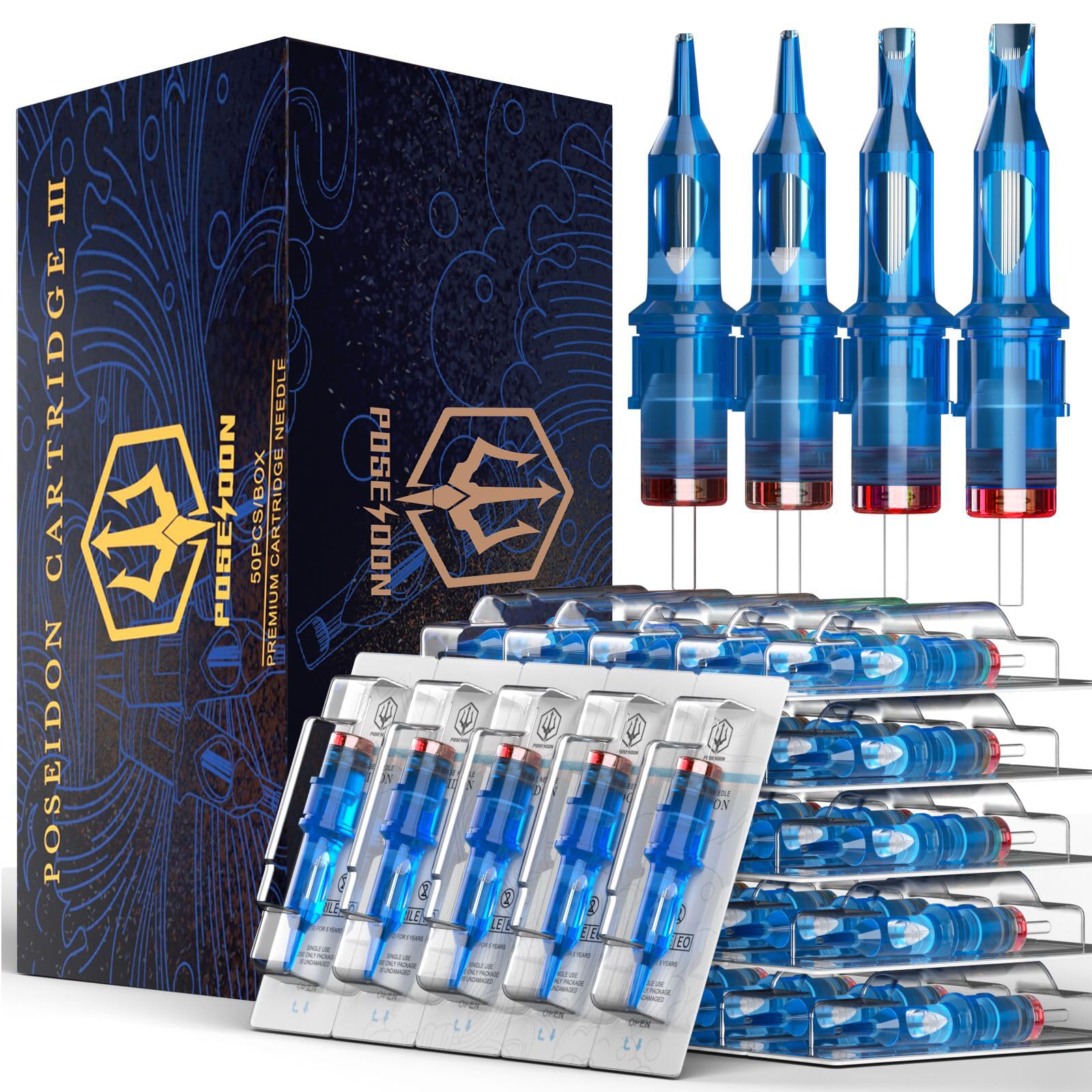 Poseidon V3 Tattoo Cartridge Needles 50PCS Mixed Size Steriled Needles with Membrane Safety Cartridges Round Liner Mixed 3RL 5RL 7RL 9RL 11RL (50pcs #12 Standard RL)