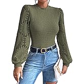 BLENCOT Womens Casual Crochet Top Mesh Lace Long Sleeve Shirts Waffle Knit Blouse Crewneck Shirt Fall Womens Tops Pullover