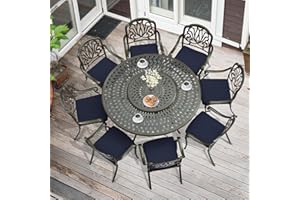 MEETWARM 9-Piece Outdoor Patio Table and Chairs Set, All Weather Cast Aluminum Patio Dining Set- 8 Cushioned Chairs, 61" Round Patio Dining Table with Detachable Lazy Susan, Umbrella Hole, Navy Blue