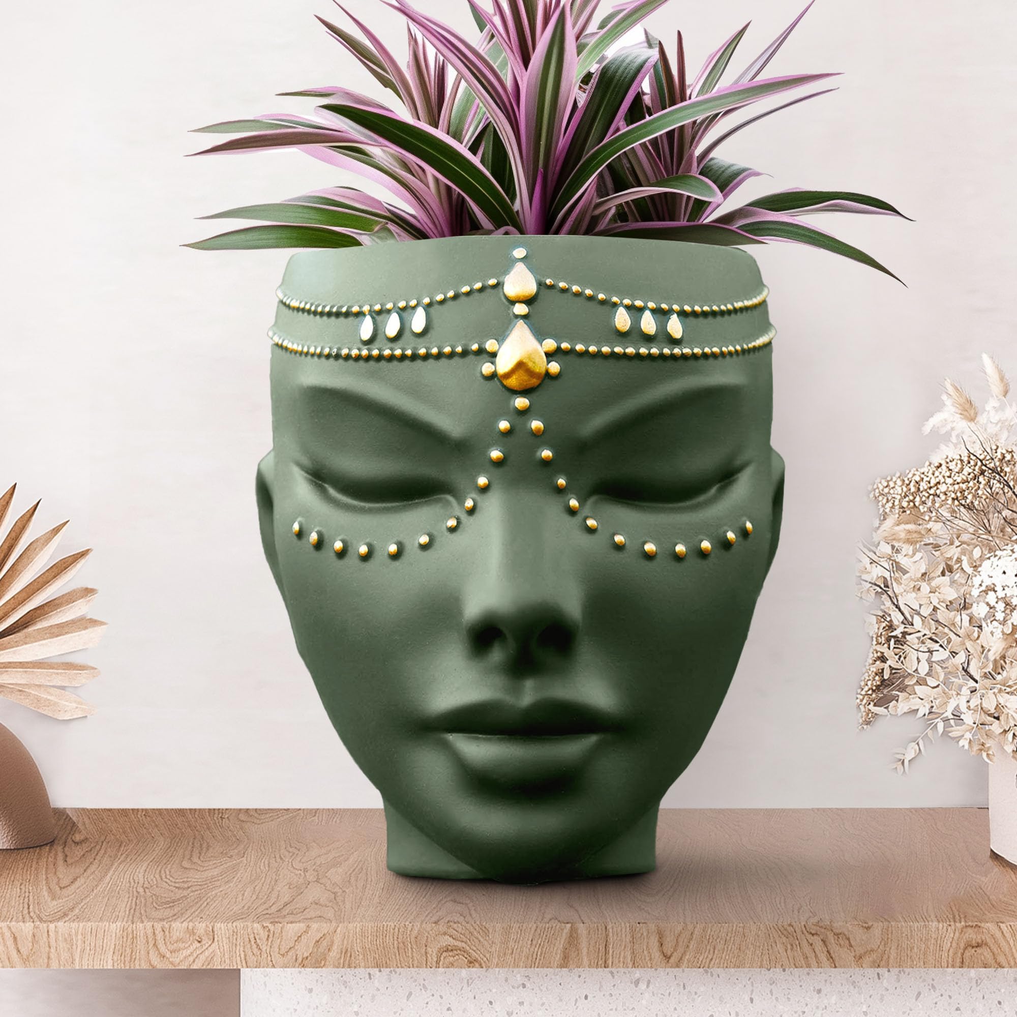 Bossa Linda Head Planter - Indoor & Outdoor Home Decor Gifts for Plant Lovers - for Flat Surface or Wall Mount - Unique Face Planter for Flowers, Succulents, & More (7 inch, Serena Design, Green)