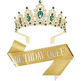 CAVETEE Birthday Tiara and Sash for Women,Birthday Queen Crown and Sash Green and Gold Party Decorations for Party Prom