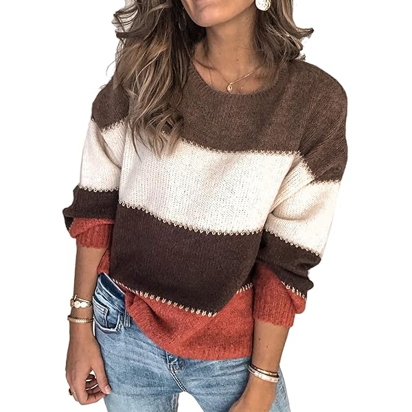 Flygo Women's Color Block Striped V-Neck Sweater - Loose Distressed Knit Pullover, Long Sleeve, Green, Medium