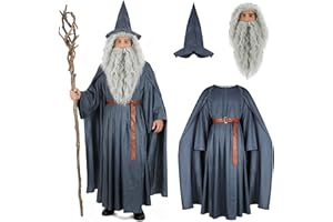 EDAUWAE Wizard Costume Men with Wig Warlock Robes Wizard Cloak Grey Robe Hat Beard Halloween Cosplay Outfit