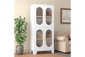GAIOUS White Metal Storage Cabinet, Kitchen Pantry Cabinet with Acrylic Glass Doors and Adjustable Shelves, Pantry Storage Cabinet for Kitchen, Living Room, Office and Study