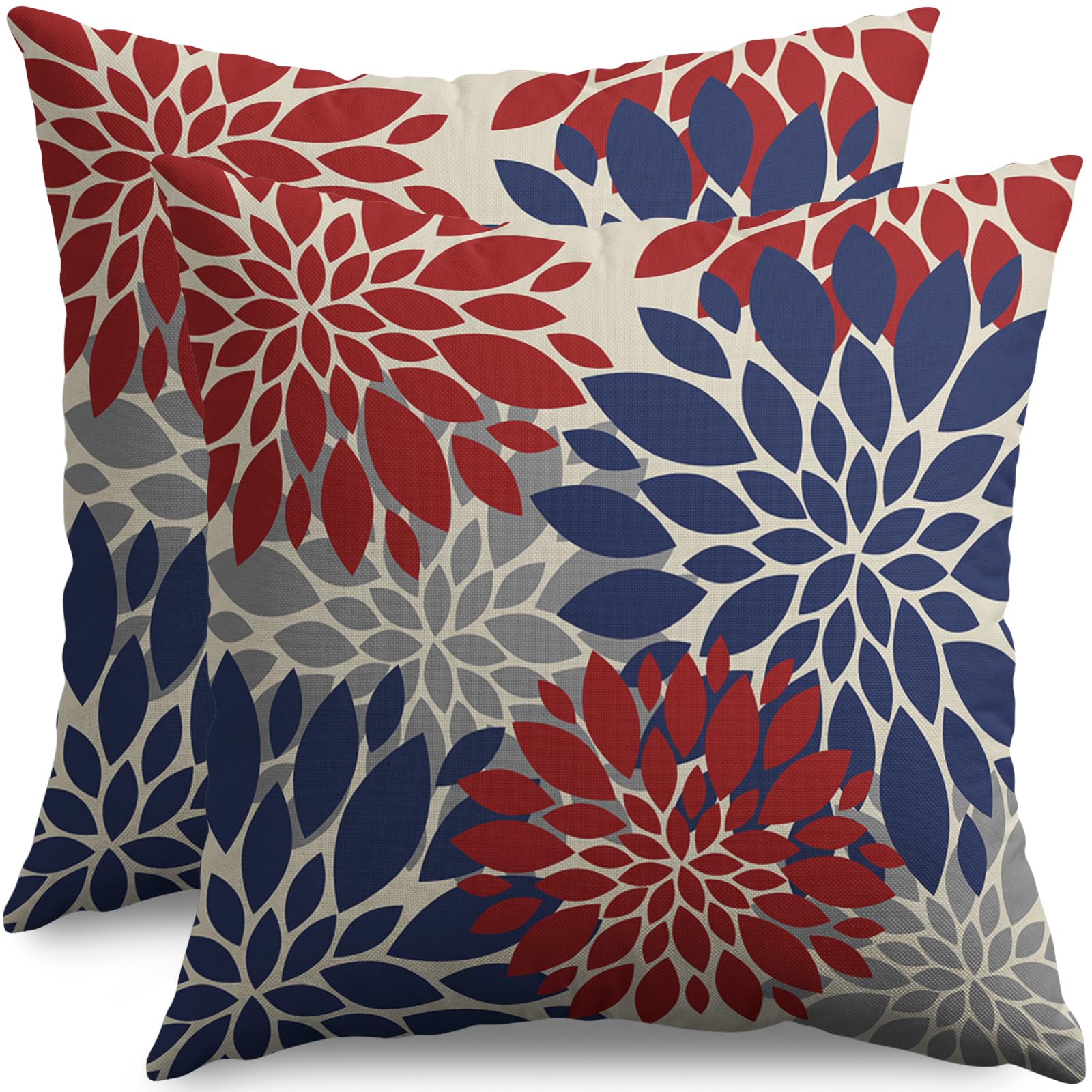 Photo 1 of 4th of July Pillow Covers 18X18 Inch Set of 2, Patriotic Blue Red Grey Modern Dahlia Floral Print Holiday Decorative Throw Pillow Covers Outdoor Farmhouse Cushion Case for Couch Sofa Bed Decor