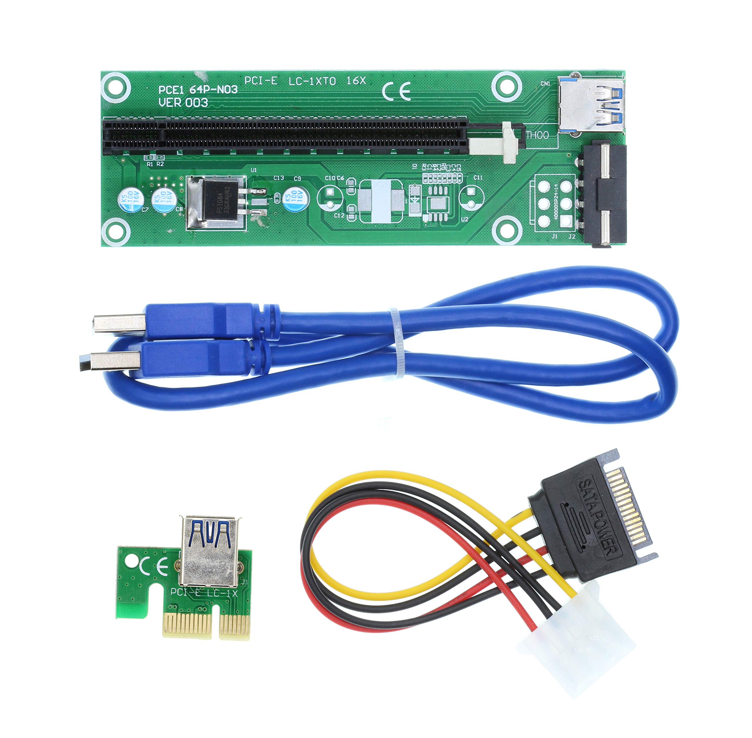 HUABAN 1 Pack PCE164P-NO3 PCI-E 1X to 16X VER003 Riser Card Extender + 15Pin SATA to 4Pin IDE Power Cord 60cm USB 3.0 Cable