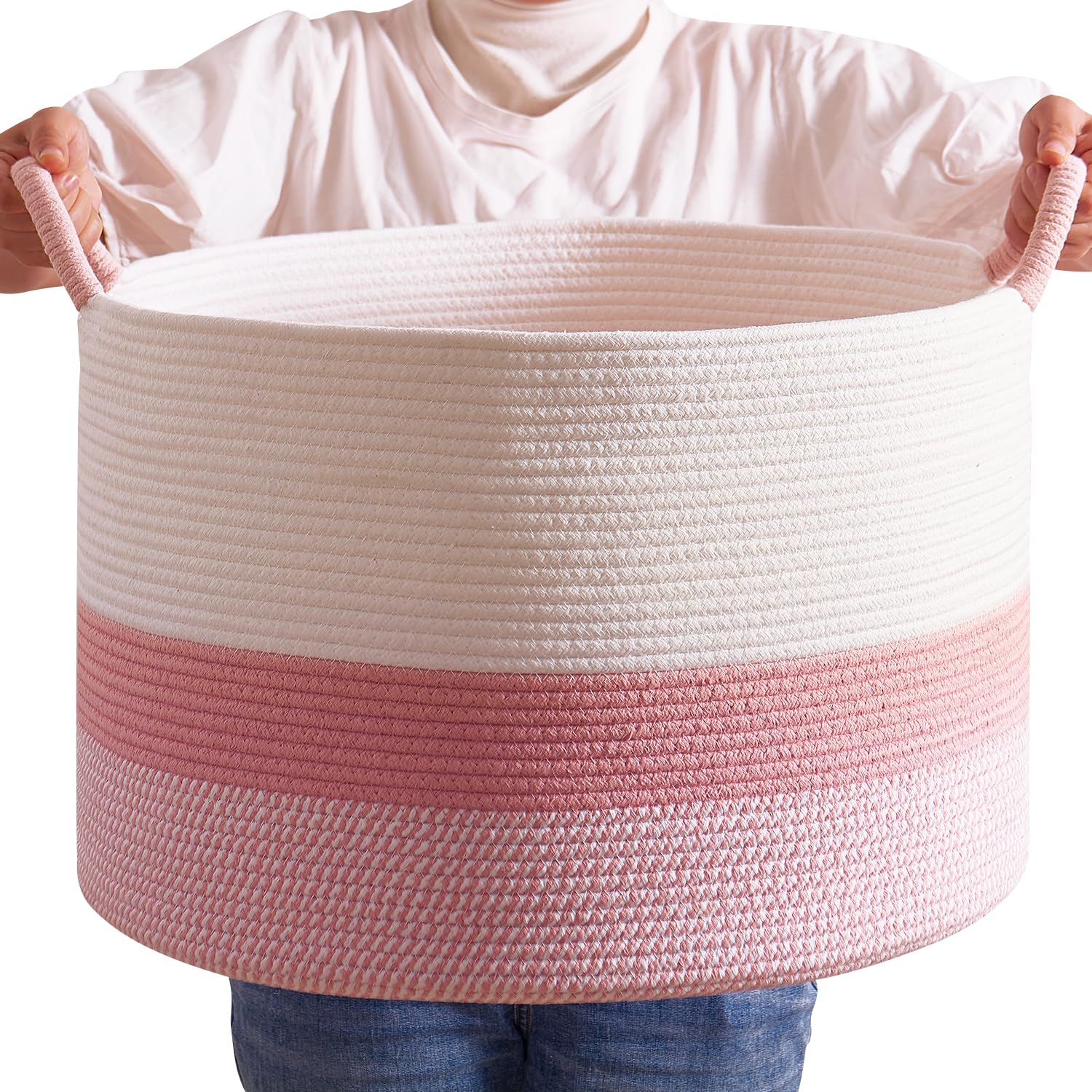 Photo 1 of CLHMILY&Z Large Cute Pink Basket - 20x13 Inches - Blanket Hamper for Living Room, Round Storage Bin, XLarge Laundry Organizer for Clothes, for Tree Plant, Mix Brown