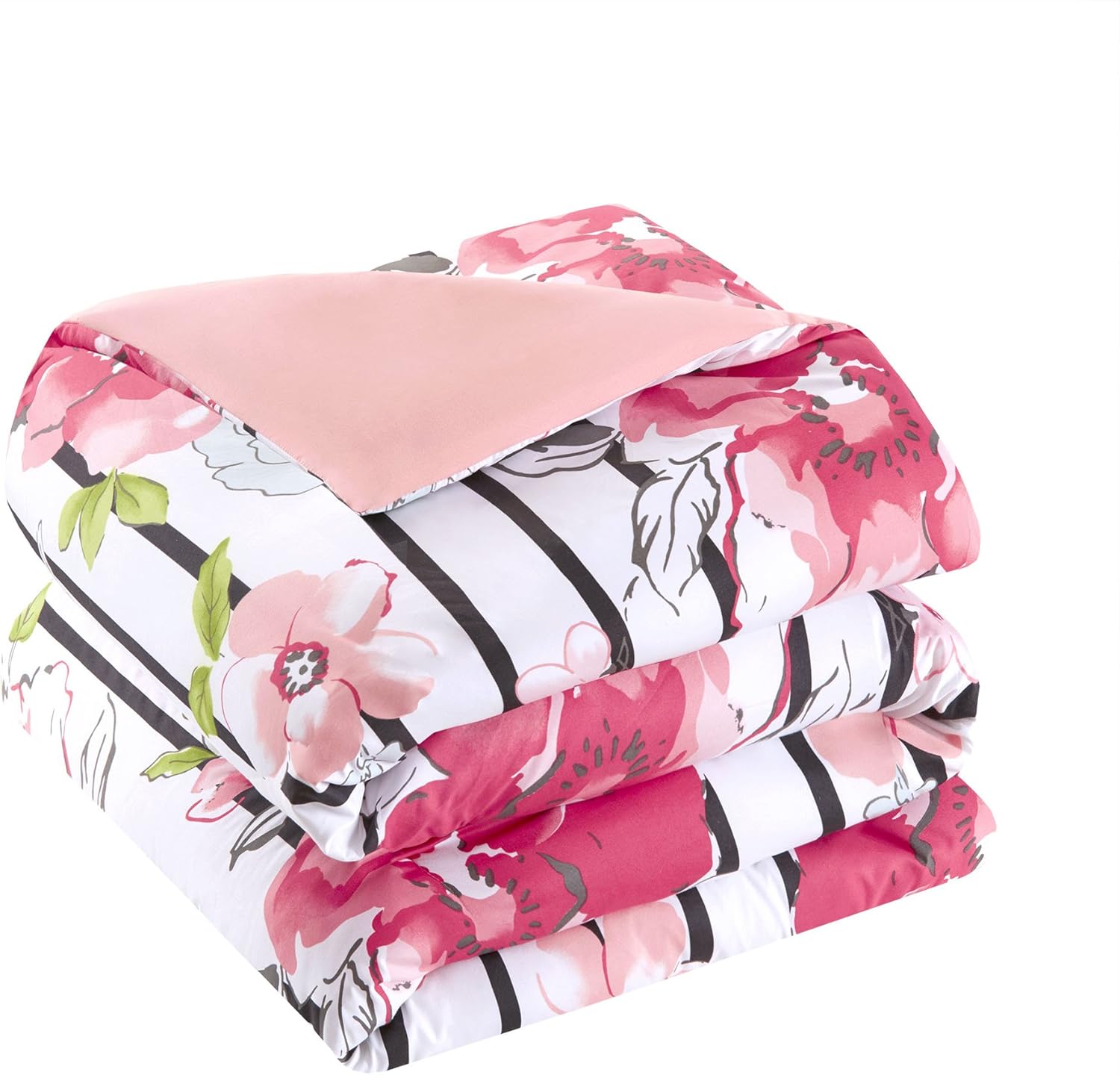 Comfort Spaces Zoe Comforter Set Printed Striped Floral Design with Faux Long Fur Decorative Pillow Bedding, Twin/Twin XL, Pink: Home & Kitchen