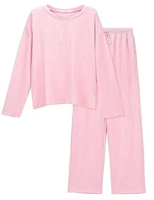 Ekouaer Womens Ribbed Knit Lounge Set Long Sleeve Top and Long Pants Sleepwear Pajama Set Two Piece Matching Set with Pockets Pink