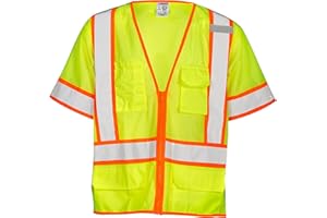 Kishigo Unisex High Visibility Reflective 6 Pocket Contrast Mesh Vest 1242, Zipper Closure, Polyester, ANSI 107 Type R / Class 3, Construction, Roadwork, Utility, Warehouse, Outdoor (Lime, 2X)