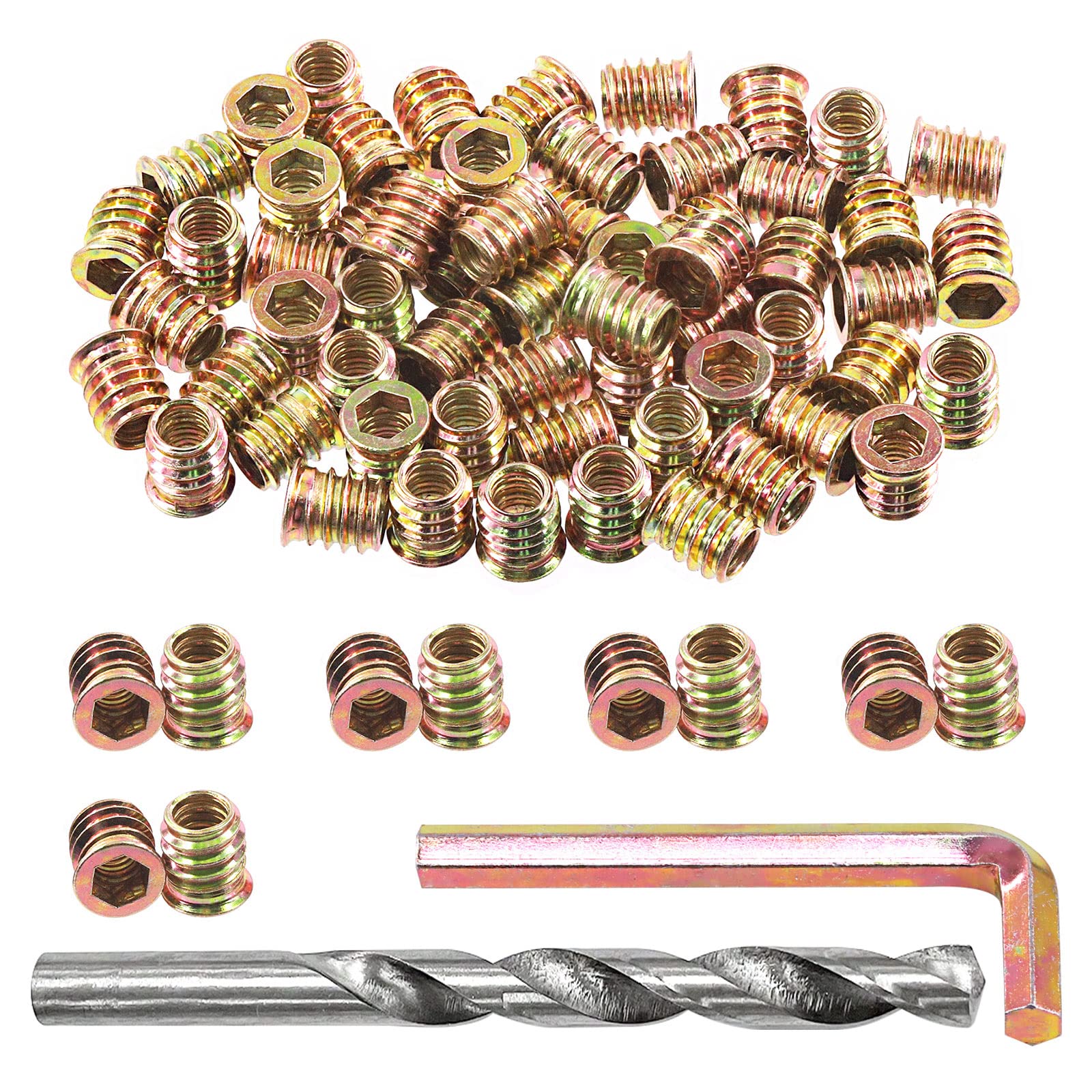 Swpeet 60Pcs 5/16” - 18 x 15mm Carbon Steel Color Zinc Plated Wood Inserts and 11mm Twist Drill with 1Pcs Wrench Assortment Kit, Bolt Furniture Screw in Nut Threaded Hex Socket Drive