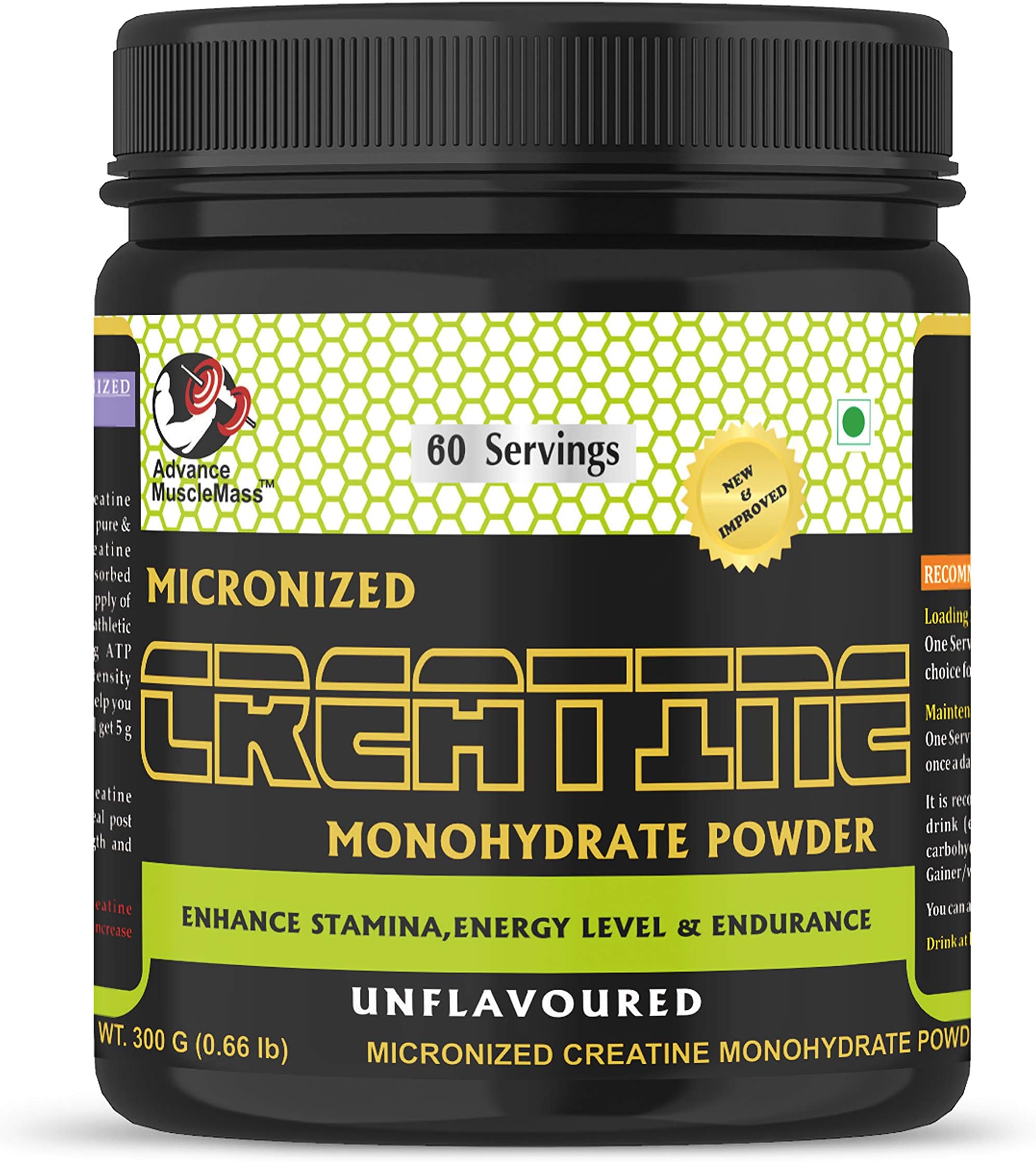 Advance Musclemass Micronized Creatine Monohydrate Powder (Unflavoured), 300 G/0.66 Lbs (60 Servings)