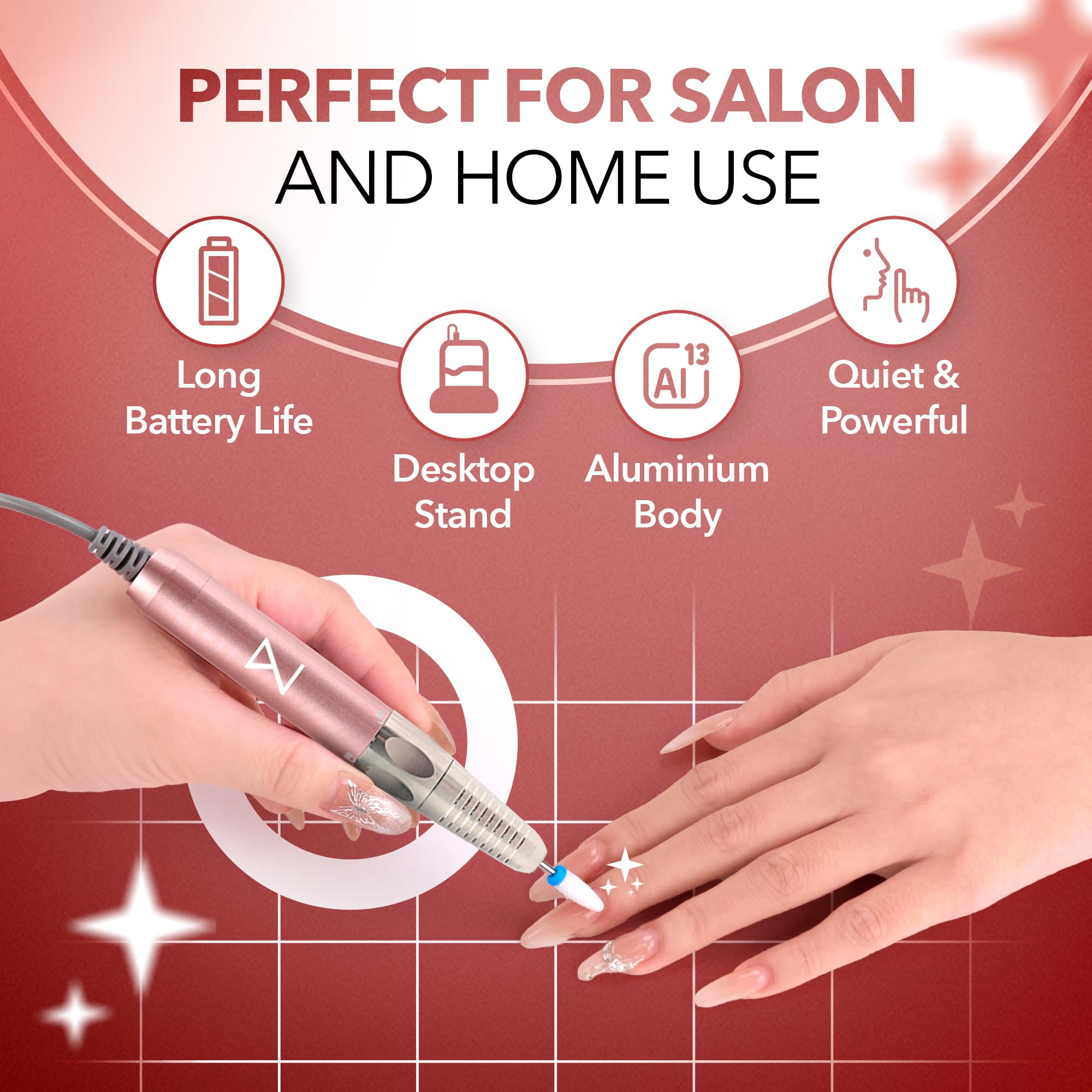 M Max - Nail Drill Professional - 2-in-1 Brushless Motor Nails Drill Machine - Electric, Cordless, Aluminium Alloy Casing, 35000 RPM, HD Display - Perfect for Salon & Home Use (Rose Gold) - Image 8