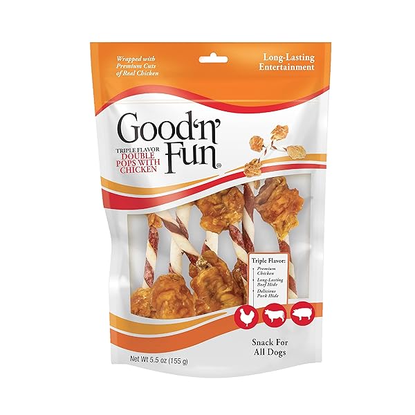 GOOD ‘N’ FUN TRIPLE FLAVOR DOUBLE POPS WITH CHICKEN CHEWS FOR ALL DOGS, 5.5 OUNCES, TREAT YOUR DOG TO CHEWS MADE WITH REAL CHICKEN, BEEF HIDE AND PORK HIDE